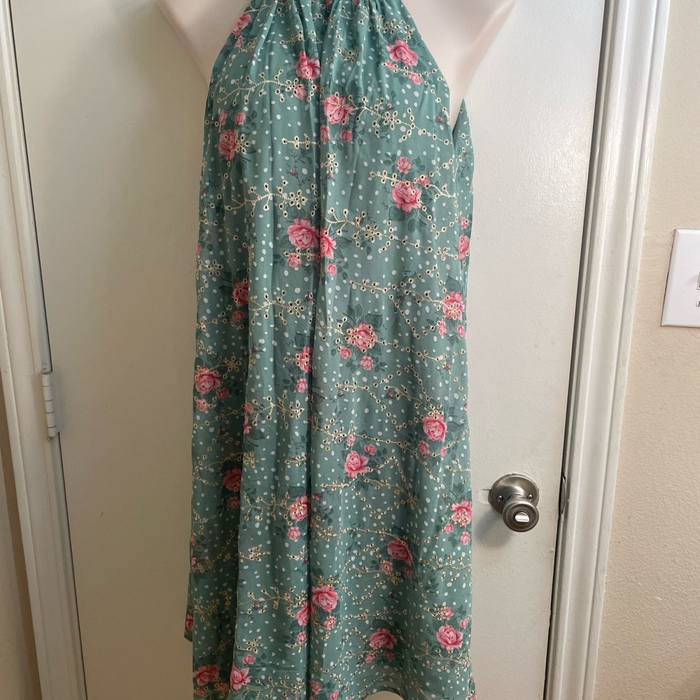 Sleeveless Floral Halter Midi Dress in Sage Green
